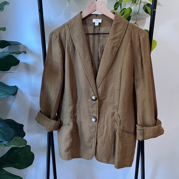 J.Jill 100% Linen Blazer Jacket M Brown Textured Button Front Ruched Detail - Picture 2 of 10